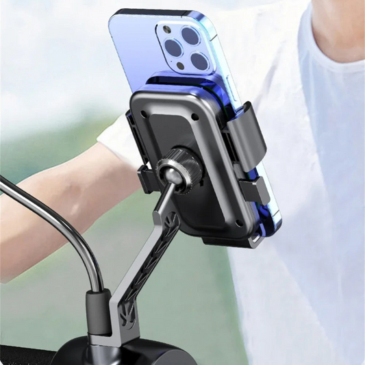 Support téléphone moto argent antichoc sur rétroviseur, fond extérieur